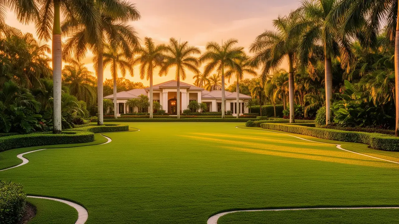 Manicured luxury lawn in Lakeland, Florida at golden hour