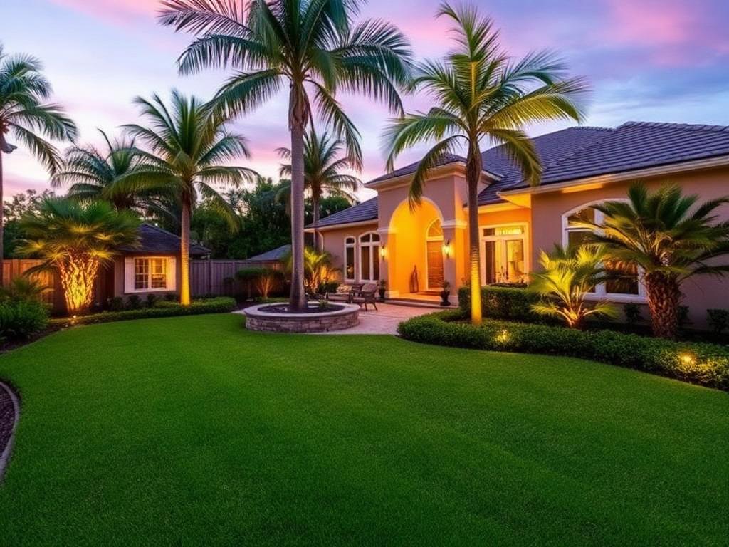 Backyard oasis with landscape lighting